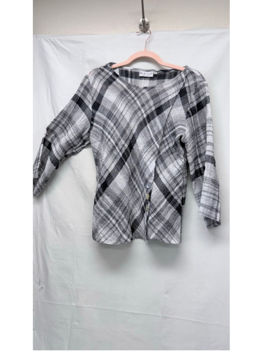 Women's Habitat Plaid Blouse XS Black White Button Front Top